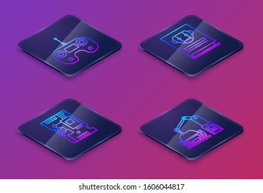 Set Isometric line Remote control, Electronic computer components motherboard digital chip, User manual and Industrial machine robotic robot arm hand. Blue square button. Vector