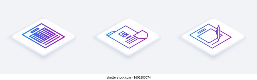 Set Isometric line Report file document, Document with shield and Blank notebook and pen. White square button. Vector
