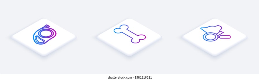 Set Isometric line Retractable cord leash with carabiner, Dog bone and Veterinary clinic symbol. White square button. Vector