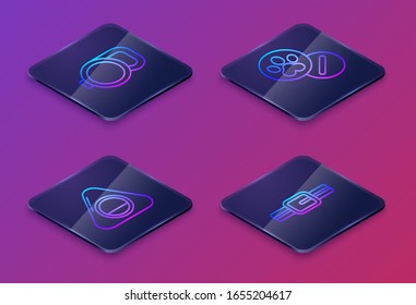 Set Isometric line Retractable cord leash, Pet bed, Dog and pills and Collar with name tag. Blue square button. Vector