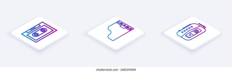Set Isometric line Retro audio cassette tape, Grand piano and Music tape player. White square button. Vector