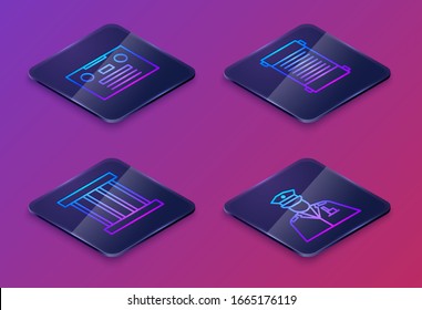 Set Isometric line Retro audio cassette tape, Prison window, Decree, paper, parchment, scroll and Police officer. Blue square button. Vector