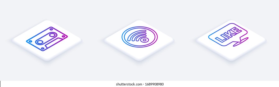 Set Isometric line Retro audio cassette tape, Wi-Fi wireless internet network and Like in speech bubble. White square button. Vector
