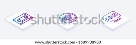 Set Isometric line Retro audio cassette tape, Wi-Fi wireless internet network and Like in speech bubble. White square button. Vector
