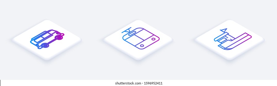 Set Isometric line Retro minivan, Tram and railway and Fishing boat. White square button. Vector