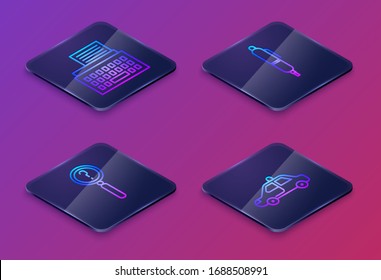 Set Isometric line Retro typewriter, Magnifying glass with search, Pen and Police car and flasher. Blue square button. Vector