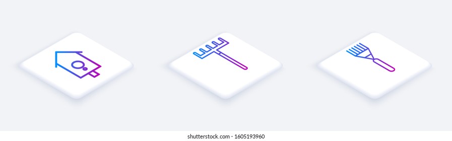 Set Isometric line Retro wall watch, Garden rake and Garden rake. White square button. Vector