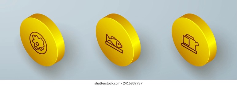 Set Isometric line Rice in a bowl, Served fish on plate and Traditional tea ceremony icon. Vector