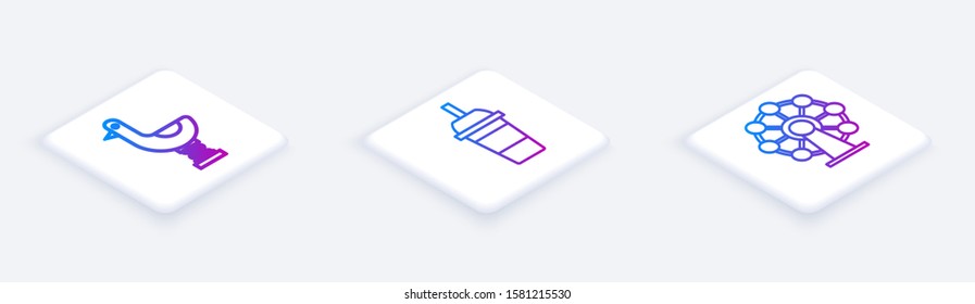 Set Isometric line Riding kid duck, Paper glass with drinking straw and water and Ferris wheel. White square button. Vector