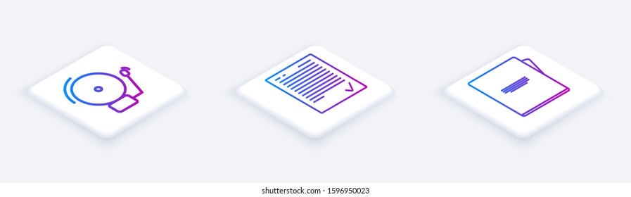 Set Isometric line Ringing alarm bell, Exam sheet with check mark and Notebook. White square button. Vector