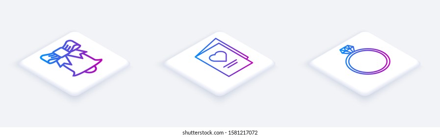Set Isometric line Ringing bell, Valentines day party flyer with heart and Diamond engagement ring. White square button. Vector