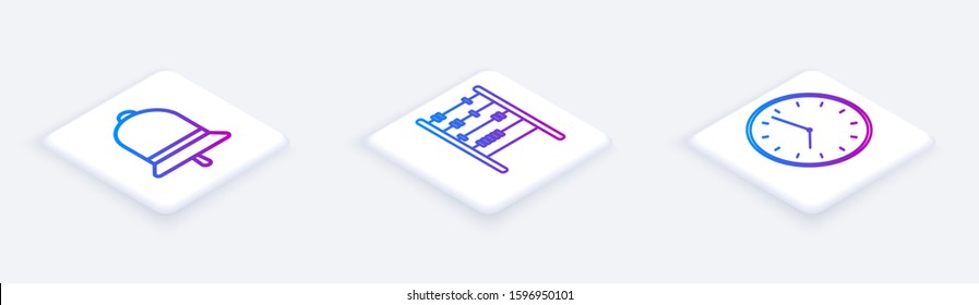 Set Isometric line Ringing bell, Abacus and Clock. White square button. Vector