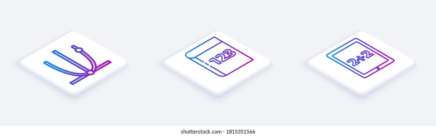 Establecer línea isométrica Sonido, hoja de prueba o examen y lápiz y cálculo. Botón cuadrado blanco. Vector