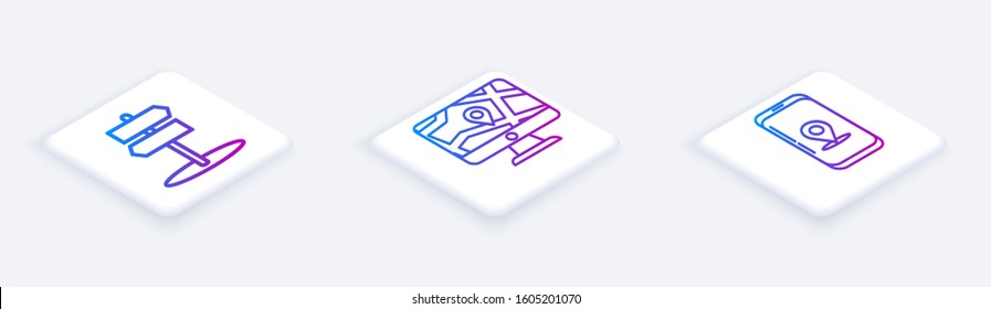 Set Isometric line Road traffic sign, Monitor and folded map with location and Infographic of city map navigation. White square button. Vector