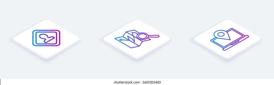 Set Isometric line Road traffic sign, Folded map with location marker and Laptop with location marker. White square button. Vector