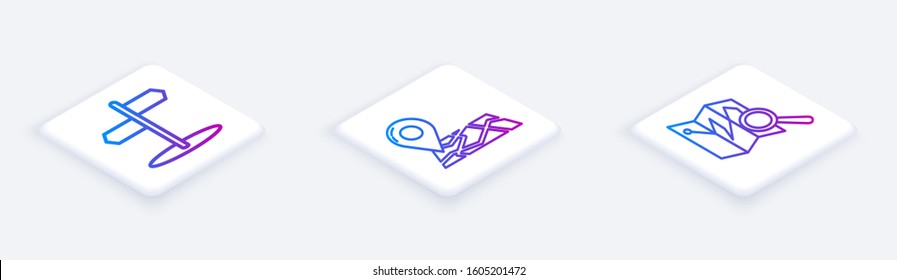 Set Isometric line Road traffic sign, Folded map with location marker and Folded map with location marker. White square button. Vector