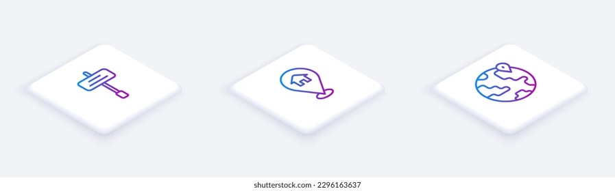 Set Isometric line Road traffic sign, Location with house and the globe. White square button. Vector