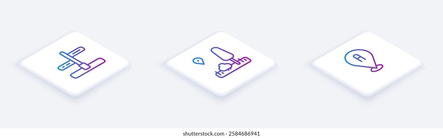 Set Isometric line Road traffic sign, City map navigation and Location. White square button. Vector