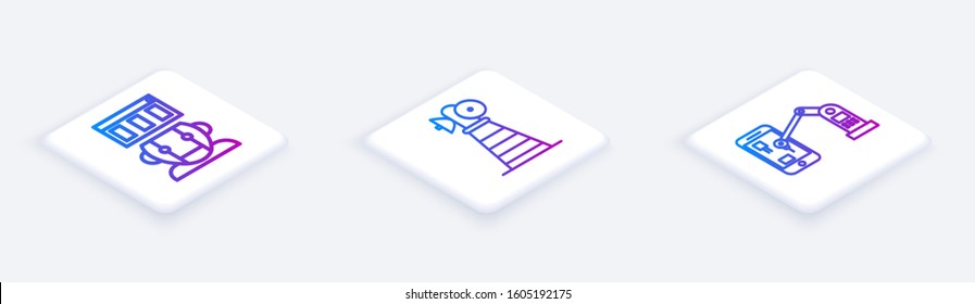 Set Isometric line Robot, Antenna and Industrial machine robotic robot arm hand. White square button. Vector