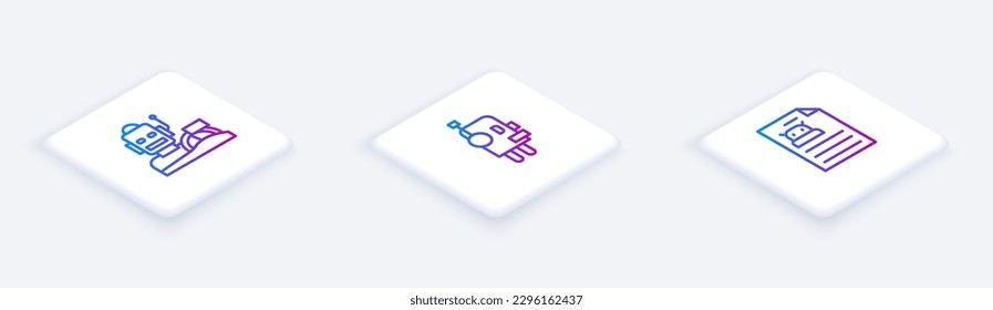 Set Isometric line Robot humanoid driving a car,  and Technical specification. White square button. Vector