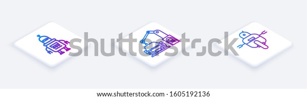 Set Isometric line\
Robot, Industrial machine robotic robot arm hand and Robot. White\
square button. Vector