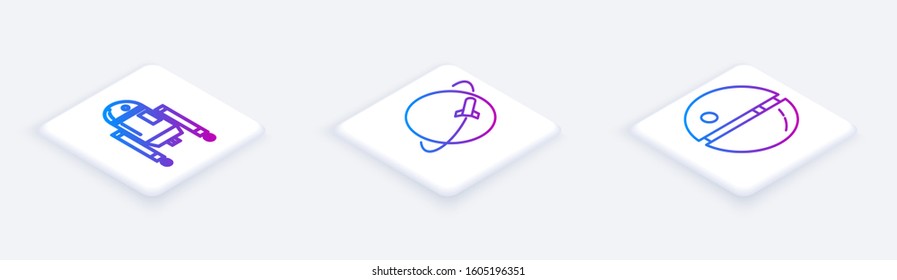 Set Isometric line Robot, Planet and Death star. White square button. Vector