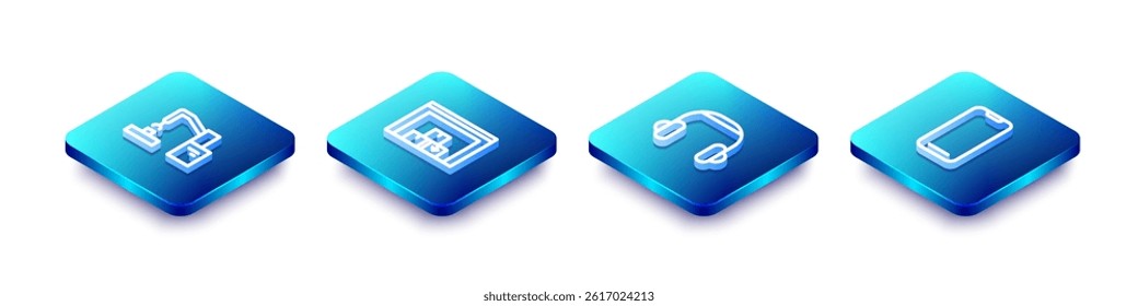 Set Isometric line Robotic robot arm hand factory, Warehouse, Headphones and Smartphone icon. Vector