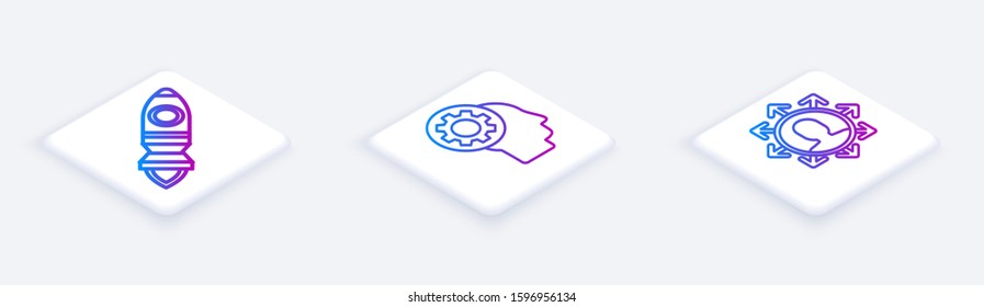 Set Isometric line Rocket ship with fire, Human head with gear inside and Project team base. White square button. Vector