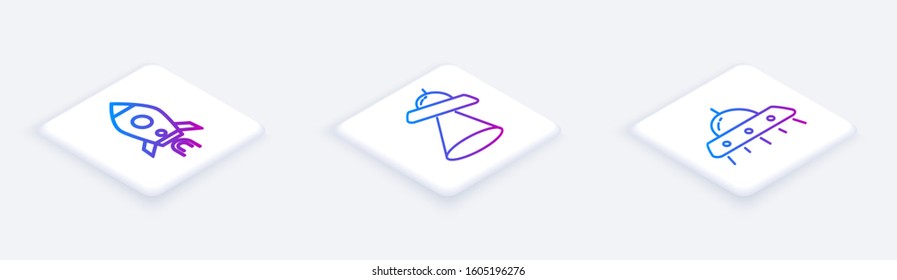 Set Isometric line Rocket ship with fire, UFO flying spaceship and UFO flying spaceship. White square button. Vector
