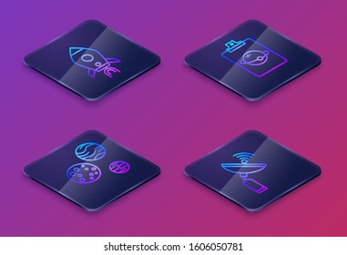 Set Isometric line Rocket ship with fire, Planet, Planet and Radar. Blue square button. Vector
