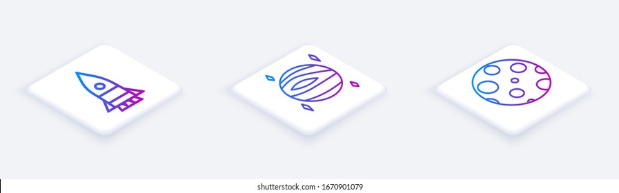 Set Isometric line Rocket ship, Planet Venus and Moon. White square button. Vector