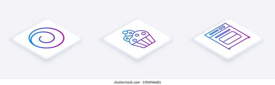 Set Isometric line Roll bun with cinnamon , Cupcake  and Oven . White square button. Vector
