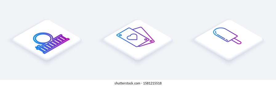 Set Isometric line Roller coaster, Playing card and Ice cream. White square button. Vector