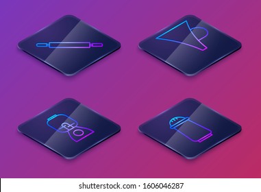 Set Isometric line Rolling pin, Blender, Funnel or filter and Salt and pepper. Blue square button. Vector