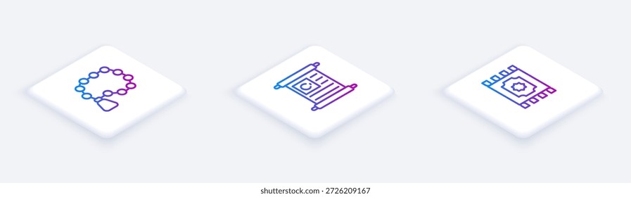 Definir linha isométrica Rosário contas religião, Livro sagrado do Alcorão e tapete tradicional. Botão quadrado branco. Vetor
