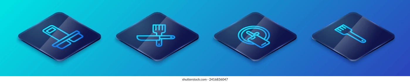 Set Isometric line Round the clock delivery, Coffee cup to go, Fork and Crossed knife and fork icon. Vector