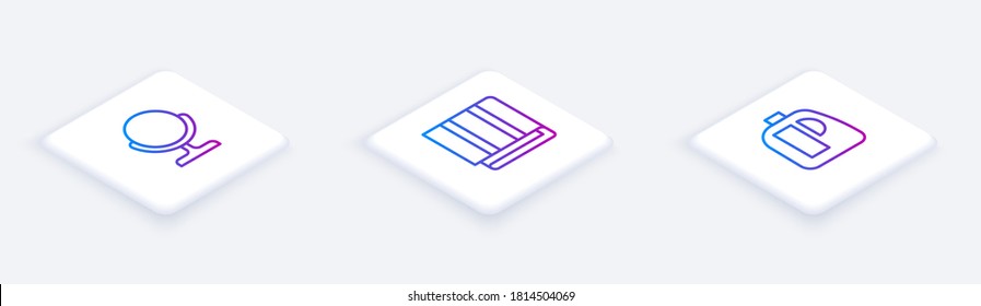 Set Isometric line Round makeup mirror, Towel stack and Bottles for cleaning agent. White square button. Vector