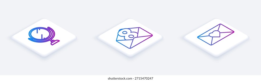 Conjunto Línea isométrica Espejo de maquillaje redondo, Sobre con 8 de marzo y Sobre con 8 de marzo. Botón cuadrado blanco. Vector
