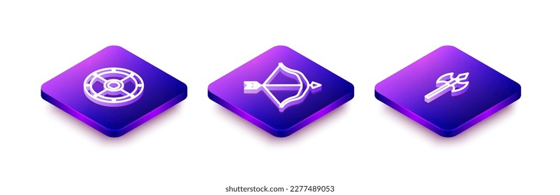 Set Isometric line Round shield, Medieval bow and arrow and axe icon. Vector