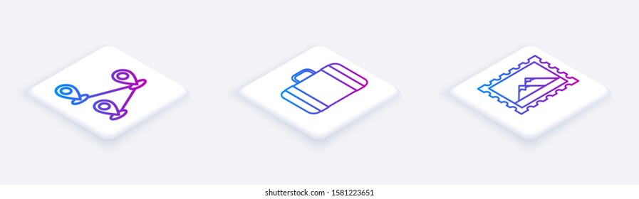 Set Isometric line Route location, Suitcase for travel and Postal stamp and Mountains. White square button. Vector