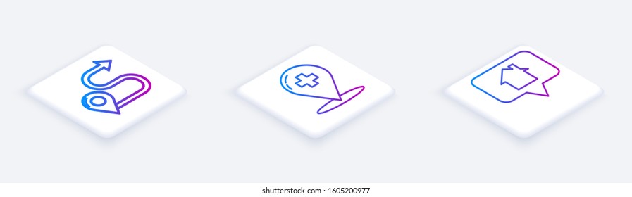 Set Isometric line Route location, Medical map pointer with cross hospital and Map pointer with house. White square button. Vector