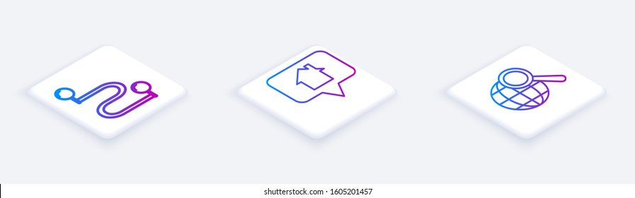 Set Isometric line Route location, Map pointer with house and Magnifying glass with globe. White square button. Vector