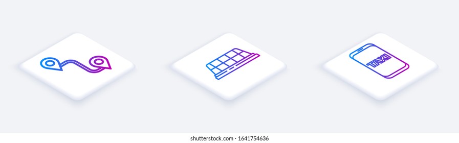 Set Isometric line Route location, Taxi car roof and Taxi call telephone service. White square button. Vector