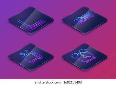 Set Isometric line Router and wi-fi signal , Television, Presentation, movie, film, media projector  and Alarm clock . Blue square button. Vector