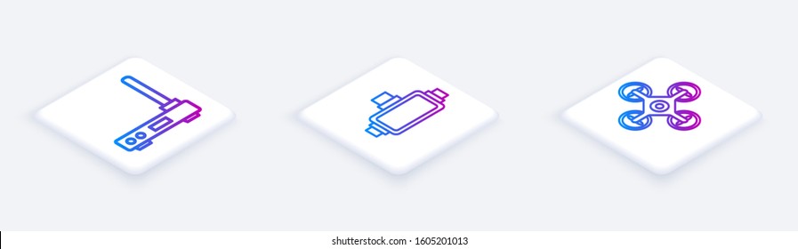 Set Isometric line Router and wi-fi signal, Virtual reality glasses and Drone. White square button. Vector