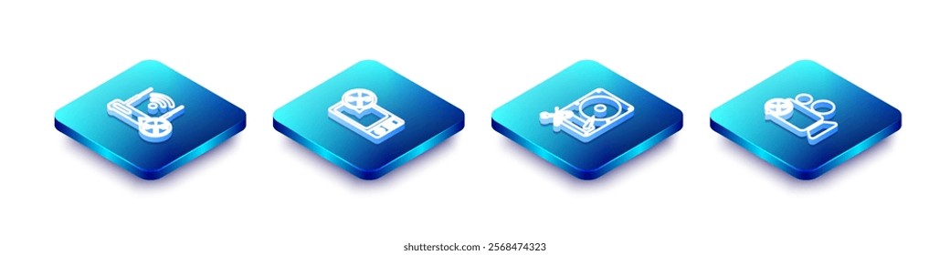 Set Isometric line Router wi-fi with service, Microwave oven, Hard disk drive and Video camera icon. Vector