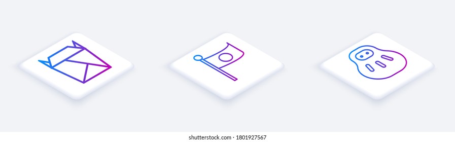 Set Isometric line Rstaurant opened take out box filled, National flag of Japan on pole and Maneki neko cat. White square button. Vector