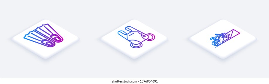 Set Isometric line Rubber flippers for swimming, Parachute and Bicycle on street ramp. White square button. Vector