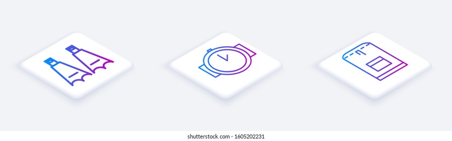 Set Isometric line Rubber flippers for swimming, Diving watch and Backpack. White square button. Vector