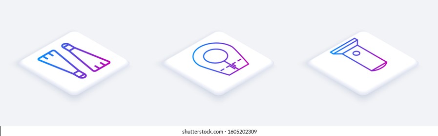 Set Isometric line Rubber flippers for swimming, Diving hood and Flashlight. White square button. Vector